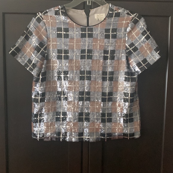 Kate Spade Sequin Embellished Plaid Short Sleeve Black Multi Crew Neck Top - 4 - Picture 1 of 7